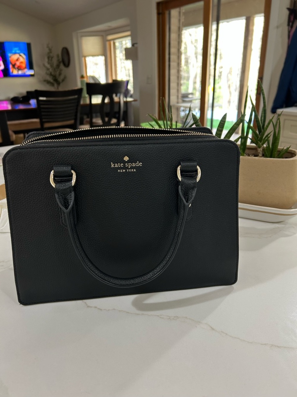 kate spade Black Leather Double-Handle Satchel with Gold Hardware